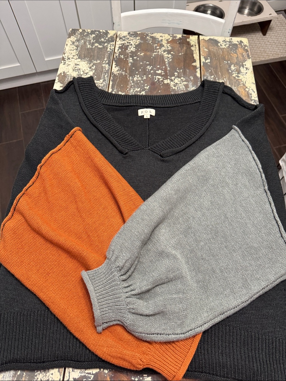 POL Women's Colorblock V-Neck Sweater in Black, Orange, Gray
